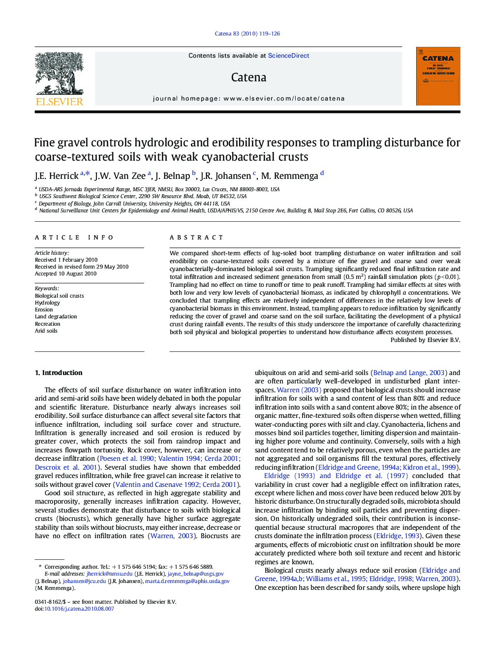 Fine gravel controls hydrologic and erodibility responses to trampling disturbance for coarse-textured soils with weak cyanobacterial crusts