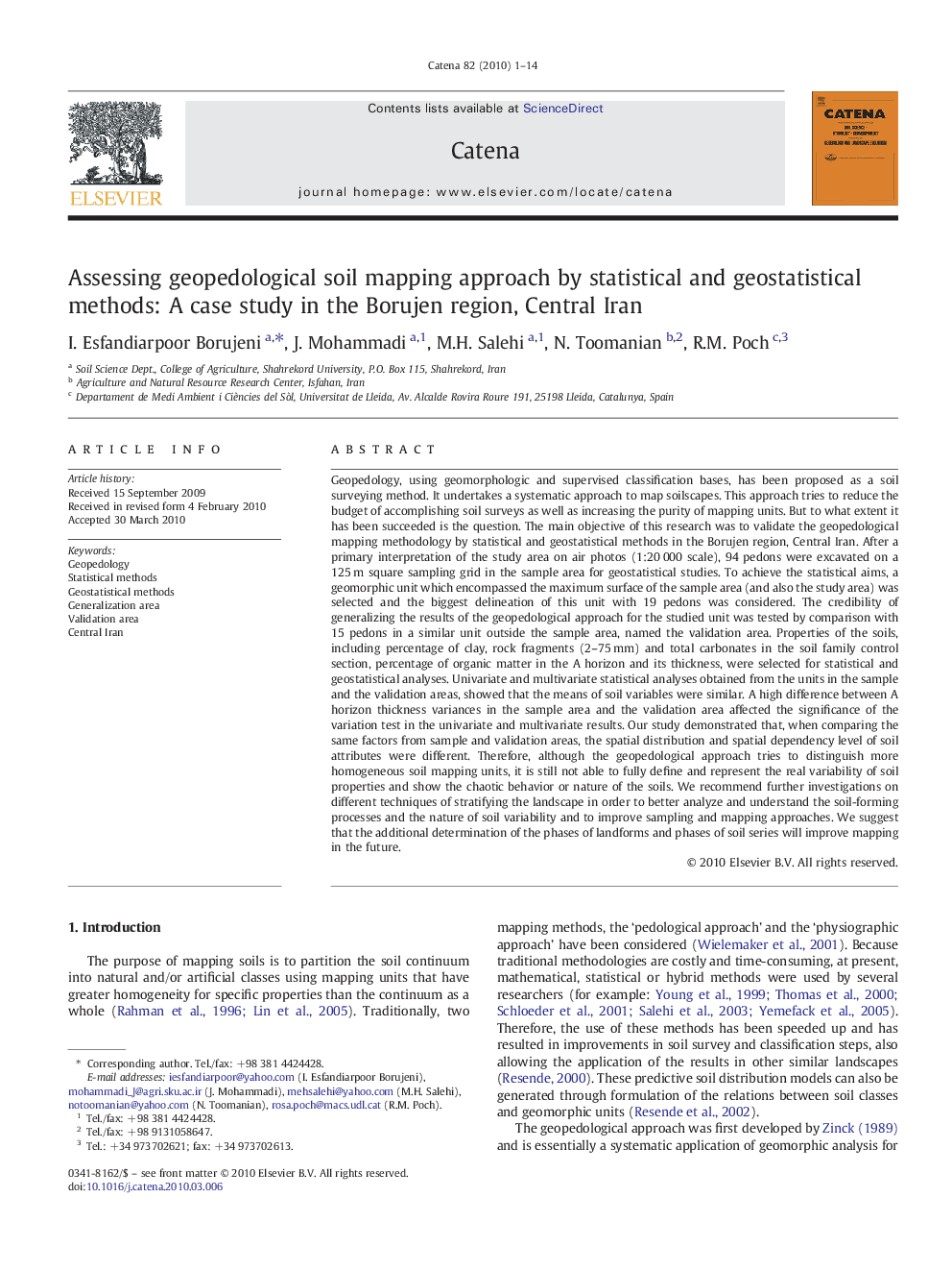 Assessing geopedological soil mapping approach by statistical and geostatistical methods: A case study in the Borujen region, Central Iran