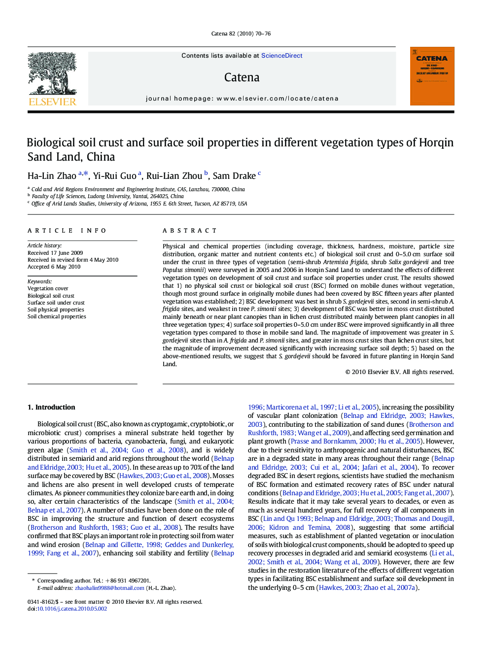 Biological soil crust and surface soil properties in different vegetation types of Horqin Sand Land, China