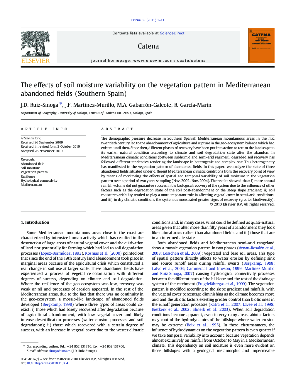 عکس صفحه اول مقاله: The effects of soil moisture variability on the vegetation pattern in Mediterranean abandoned fields (Southern Spain) The effects of soil moisture variability on the vegetation pattern in Mediterranean abandoned fields (Southern Spain)