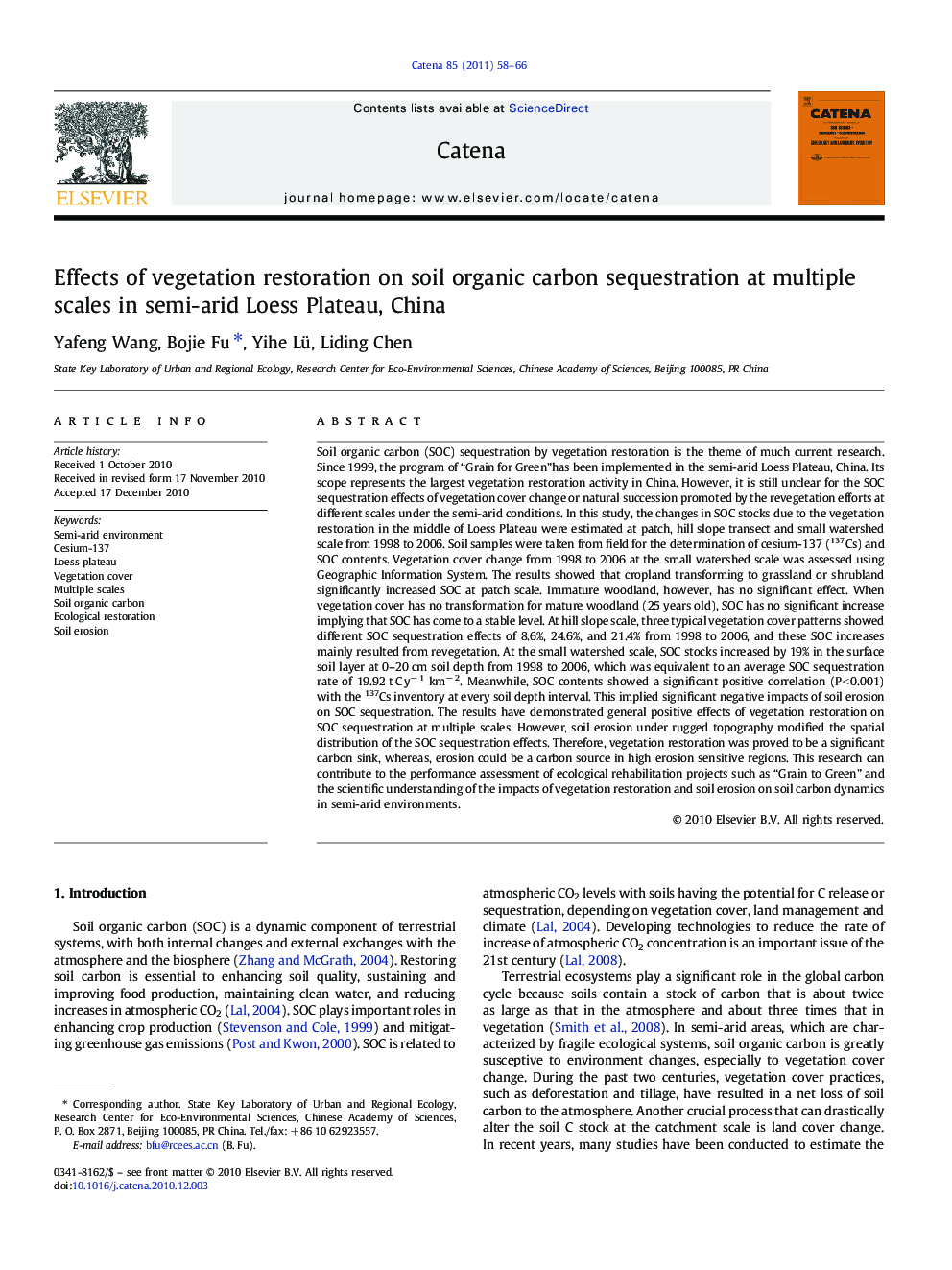 Effects of vegetation restoration on soil organic carbon sequestration at multiple scales in semi-arid Loess Plateau, China