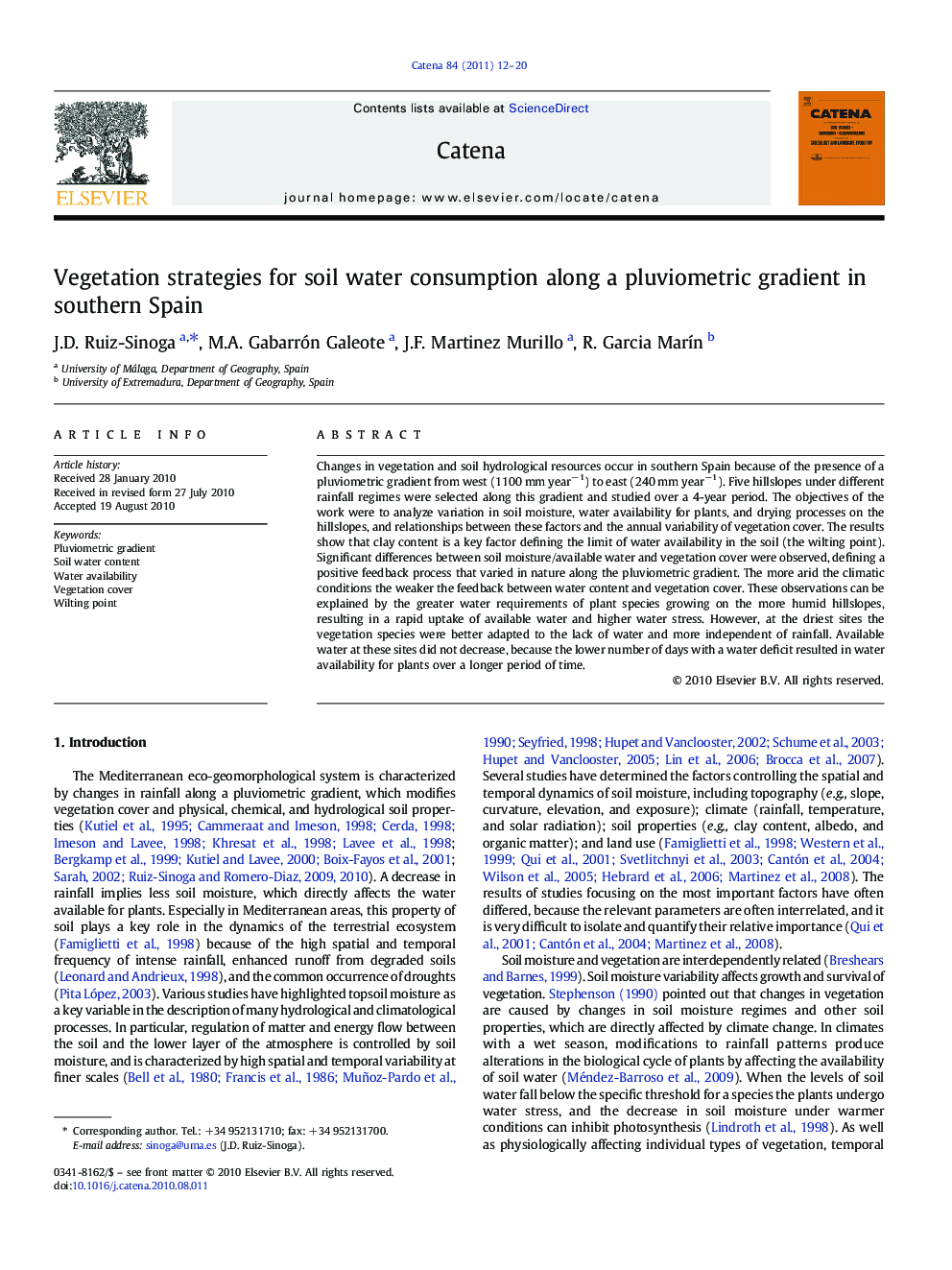 Vegetation strategies for soil water consumption along a pluviometric gradient in southern Spain