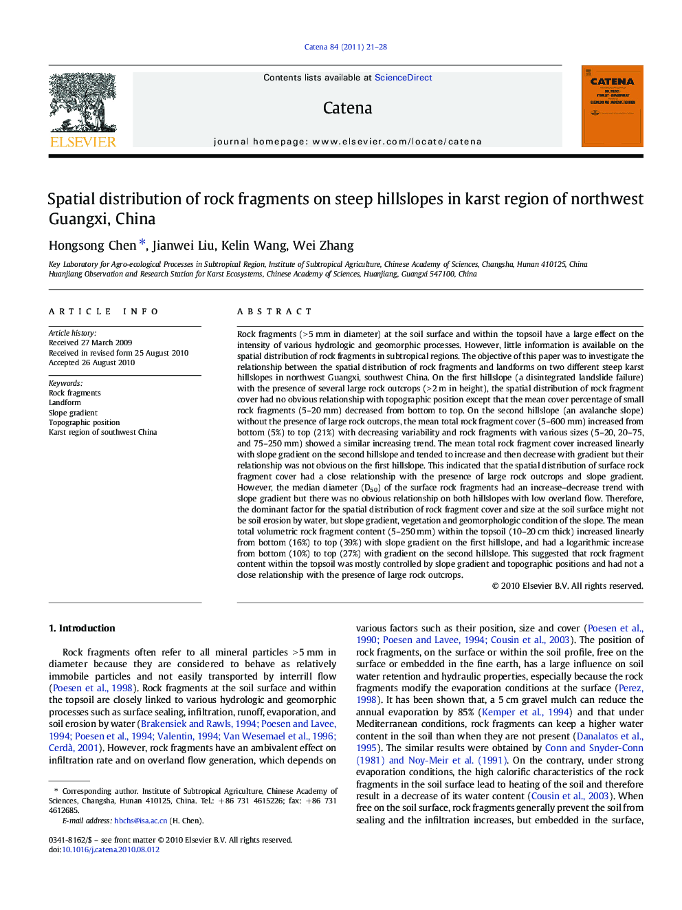 Spatial distribution of rock fragments on steep hillslopes in karst region of northwest Guangxi, China