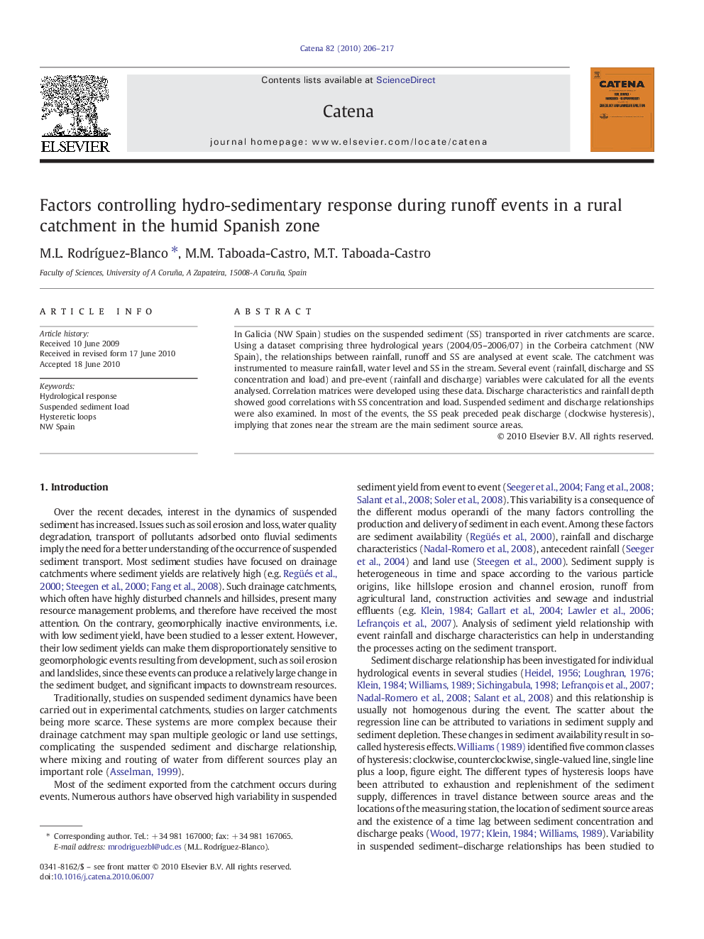 Factors controlling hydro-sedimentary response during runoff events in a rural catchment in the humid Spanish zone