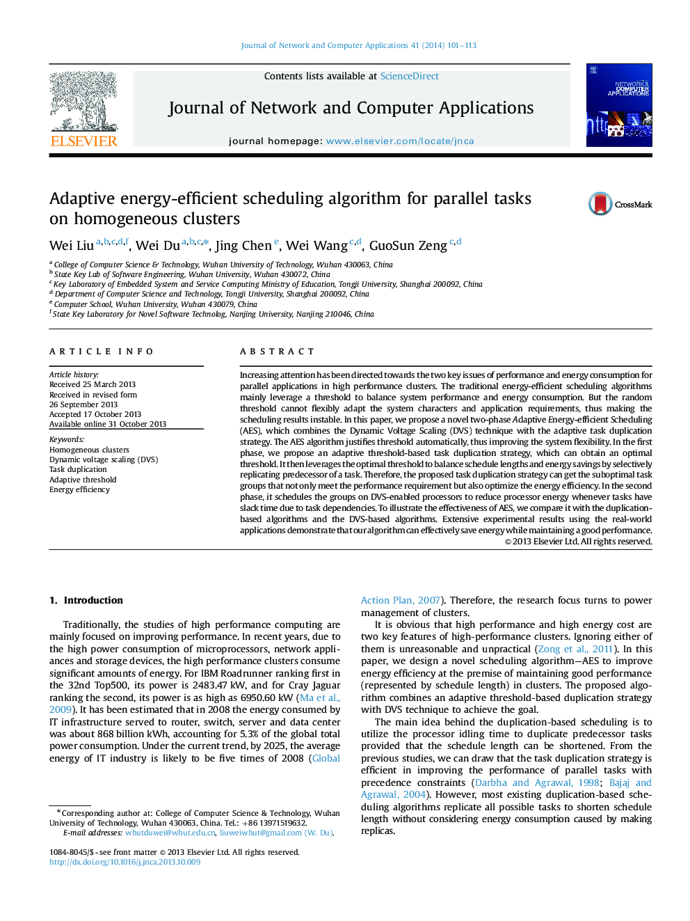 Adaptive energy-efficient scheduling algorithm for parallel tasks on homogeneous clusters