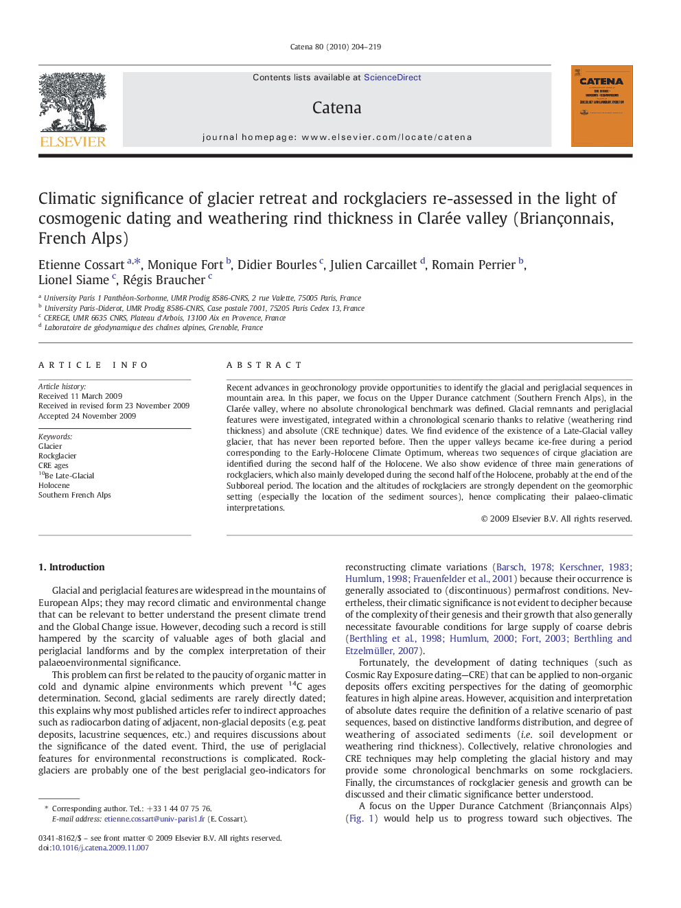 Climatic significance of glacier retreat and rockglaciers re-assessed in the light of cosmogenic dating and weathering rind thickness in Clarée valley (Briançonnais, French Alps)