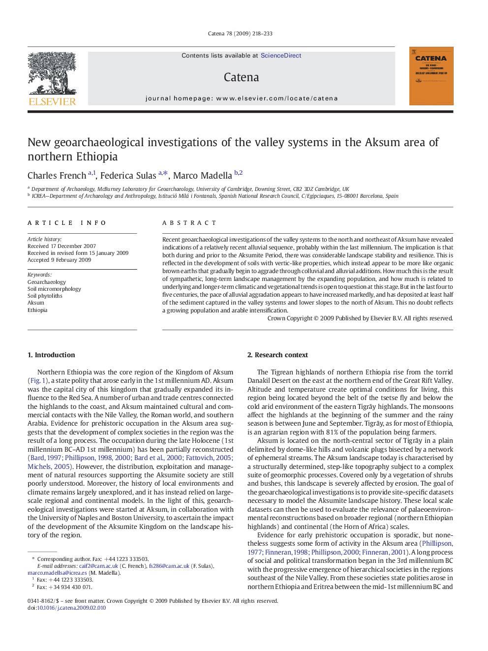 New geoarchaeological investigations of the valley systems in the Aksum area of northern Ethiopia