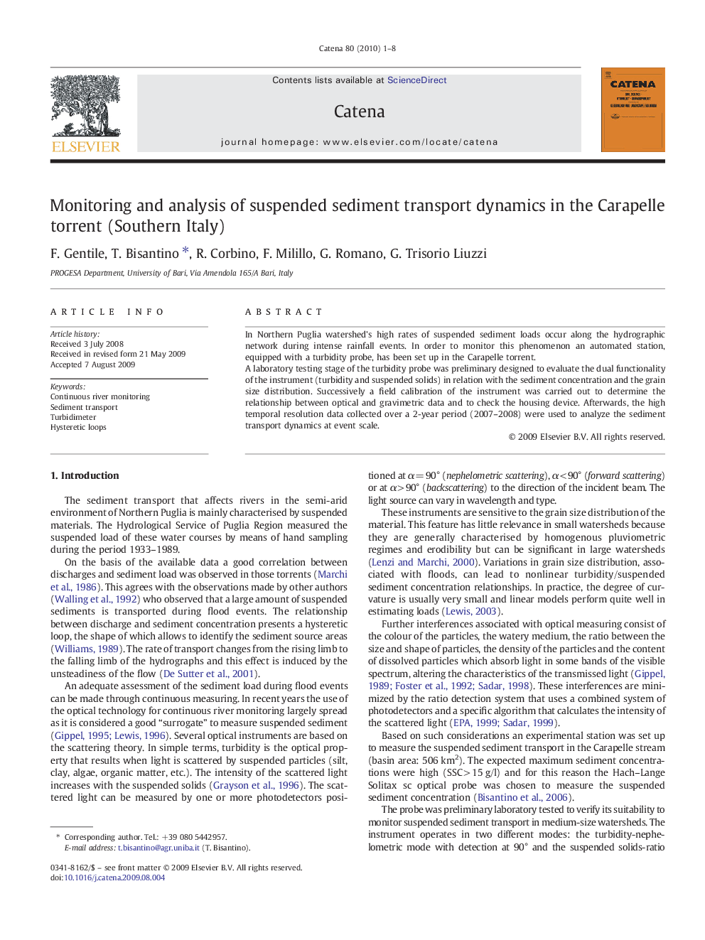 Monitoring and analysis of suspended sediment transport dynamics in the Carapelle torrent (Southern Italy)