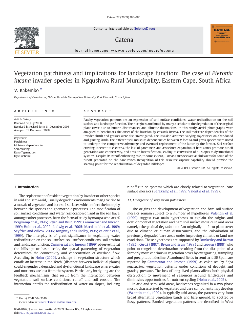 Vegetation patchiness and implications for landscape function: The case of Pteronia incana invader species in Ngqushwa Rural Municipality, Eastern Cape, South Africa