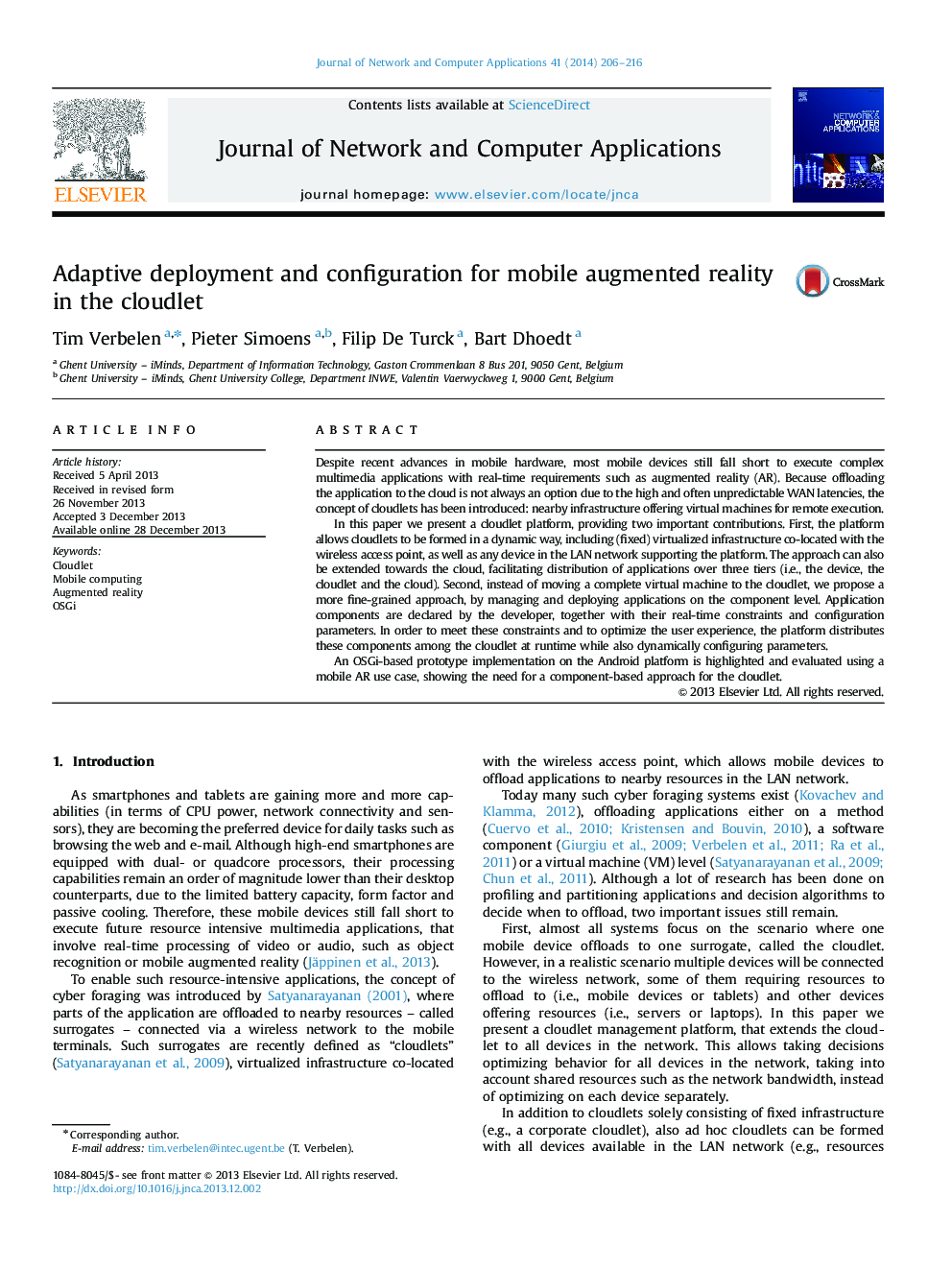 Adaptive deployment and configuration for mobile augmented reality in the cloudlet