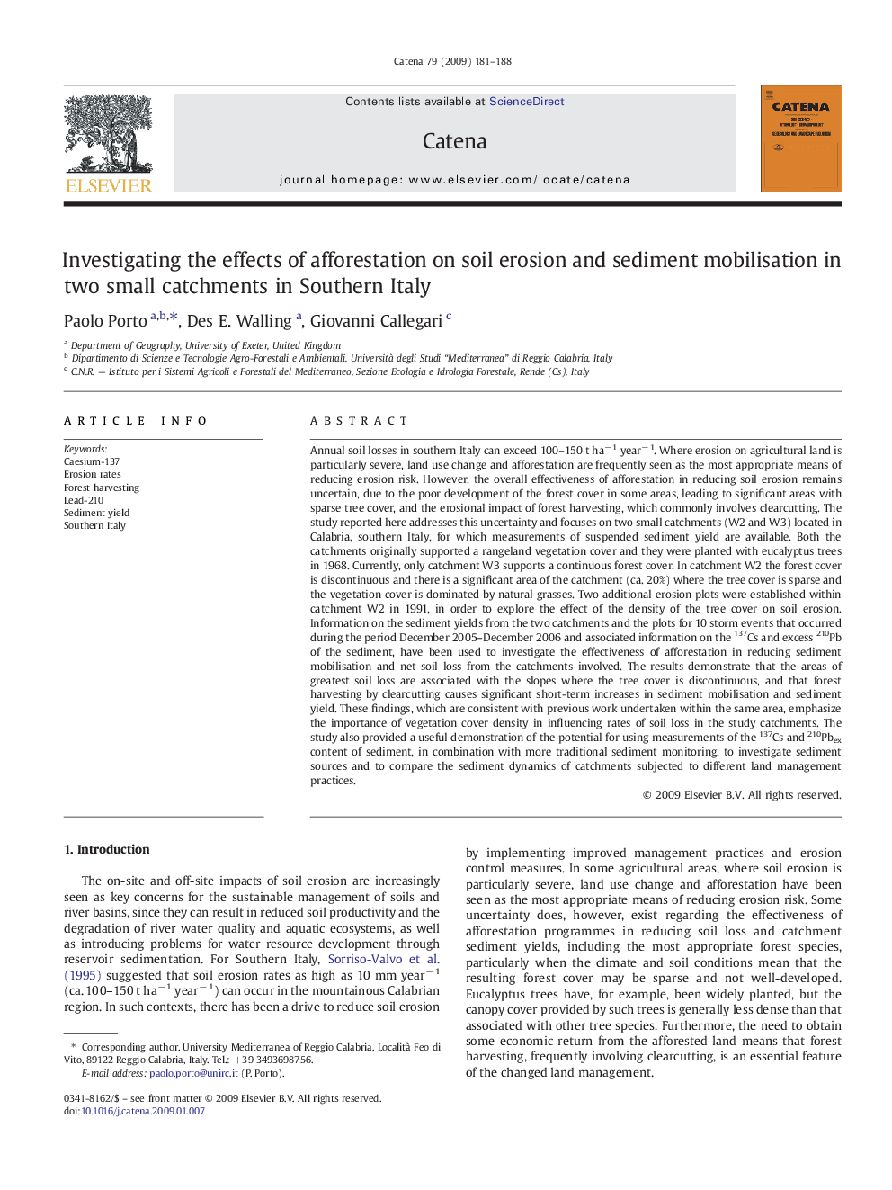 Investigating the effects of afforestation on soil erosion and sediment mobilisation in two small catchments in Southern Italy