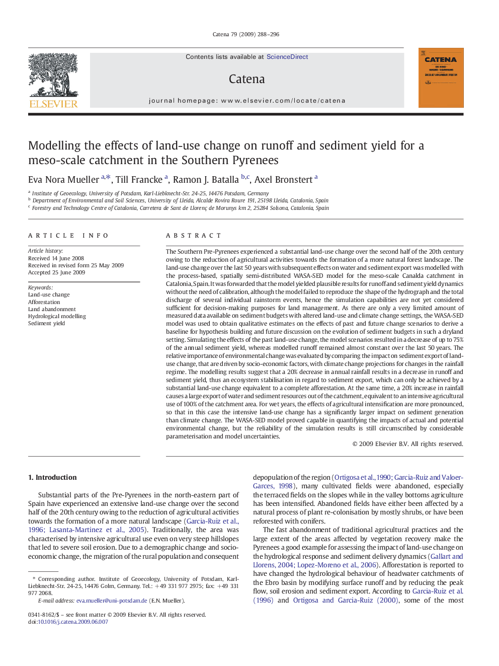 عکس صفحه اول مقاله: Modelling the effects of land-use change on runoff and sediment yield for a meso-scale catchment in the Southern Pyrenees Modelling the effects of land-use change on runoff and sediment yield for a meso-scale catchment in the Southern Pyrenees