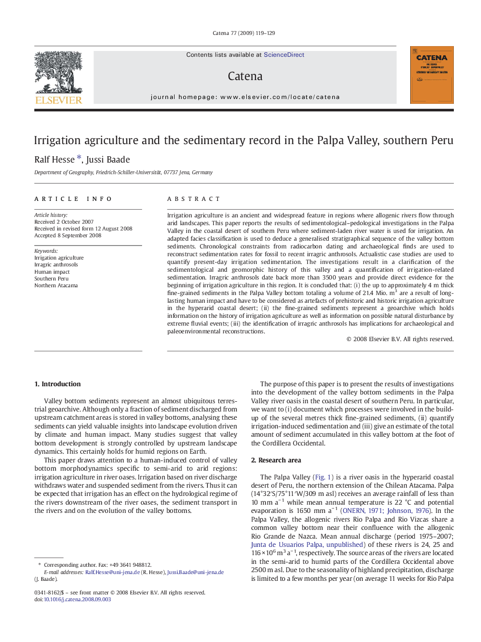 Irrigation agriculture and the sedimentary record in the Palpa Valley, southern Peru