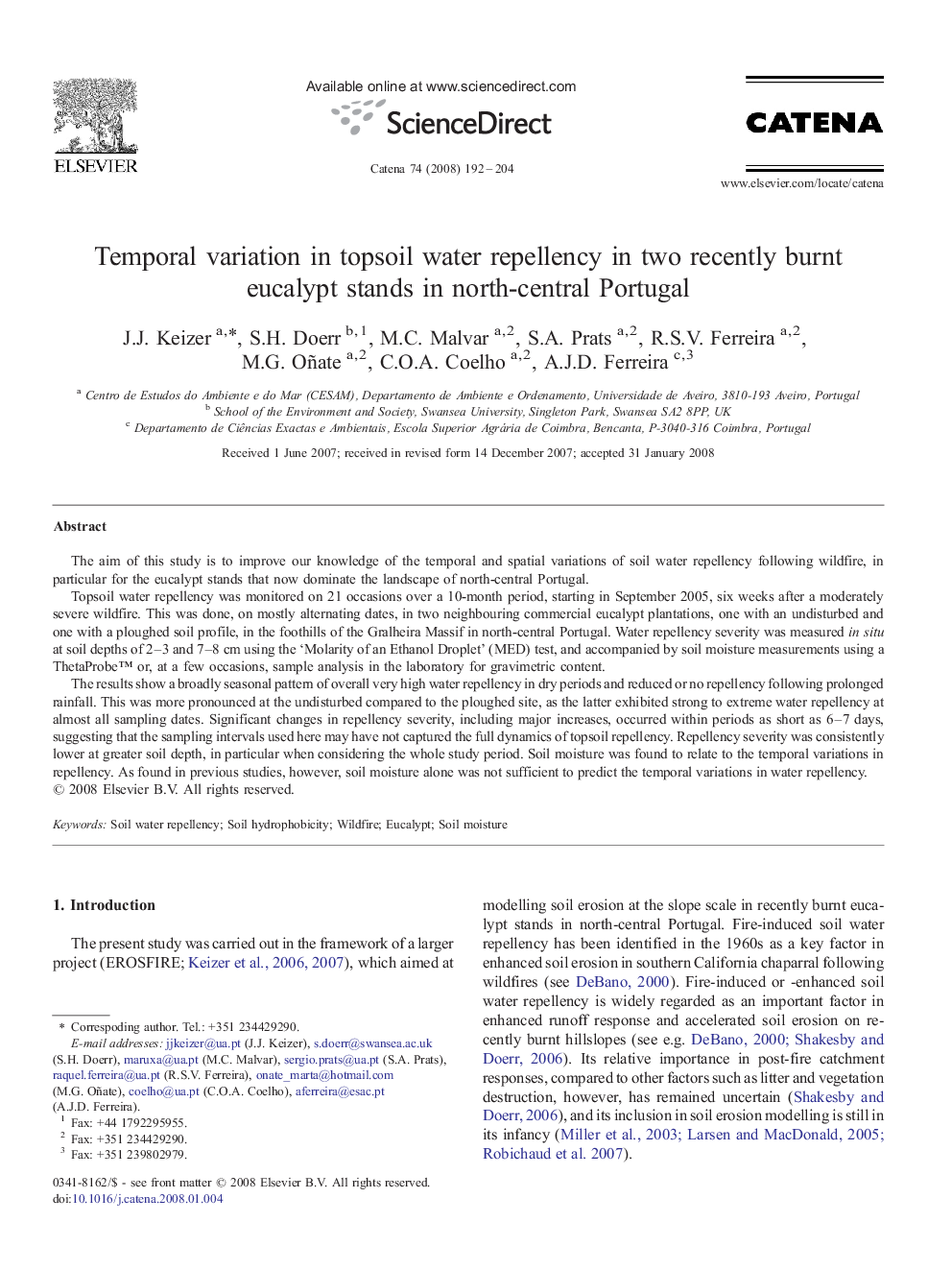 Temporal variation in topsoil water repellency in two recently burnt eucalypt stands in north-central Portugal