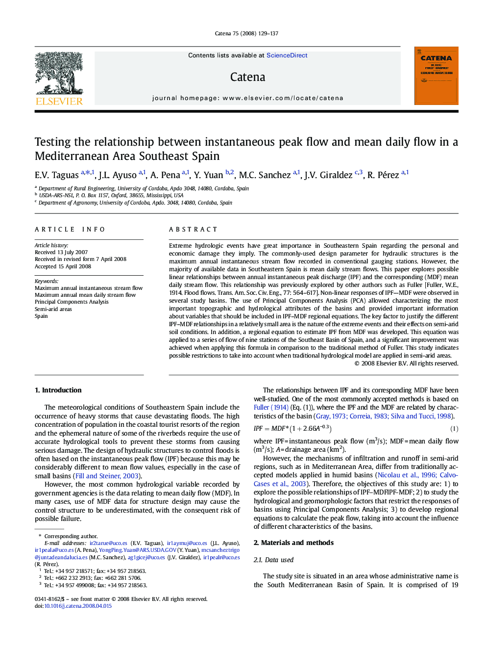 Testing the relationship between instantaneous peak flow and mean daily flow in a Mediterranean Area Southeast Spain