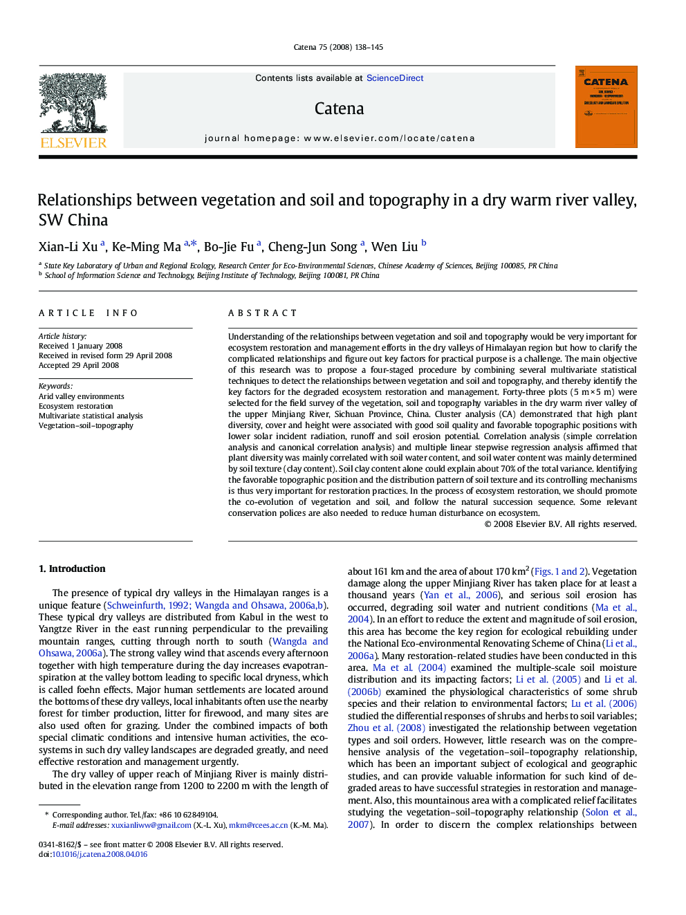 Relationships between vegetation and soil and topography in a dry warm river valley, SW China