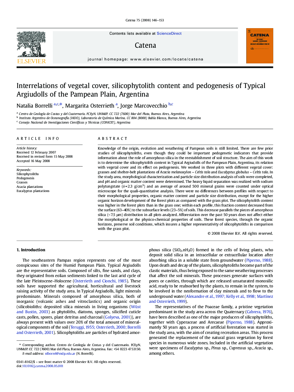 Interrelations of vegetal cover, silicophytolith content and pedogenesis of Typical Argiudolls of the Pampean Plain, Argentina