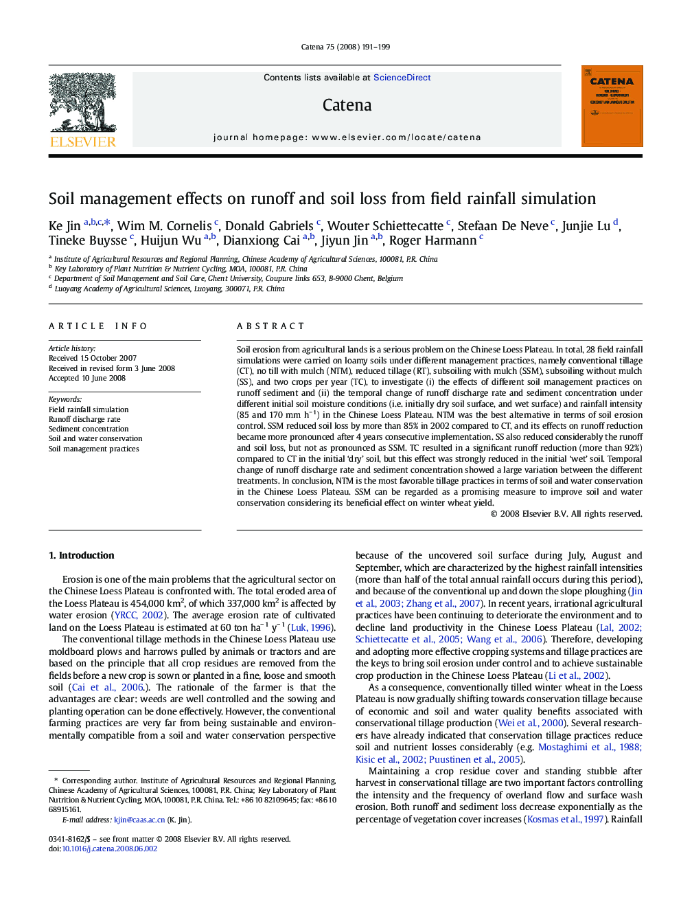 Soil management effects on runoff and soil loss from field rainfall simulation