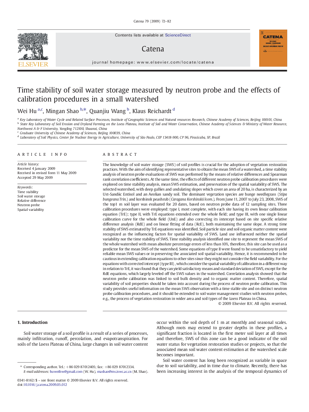 Time stability of soil water storage measured by neutron probe and the effects of calibration procedures in a small watershed