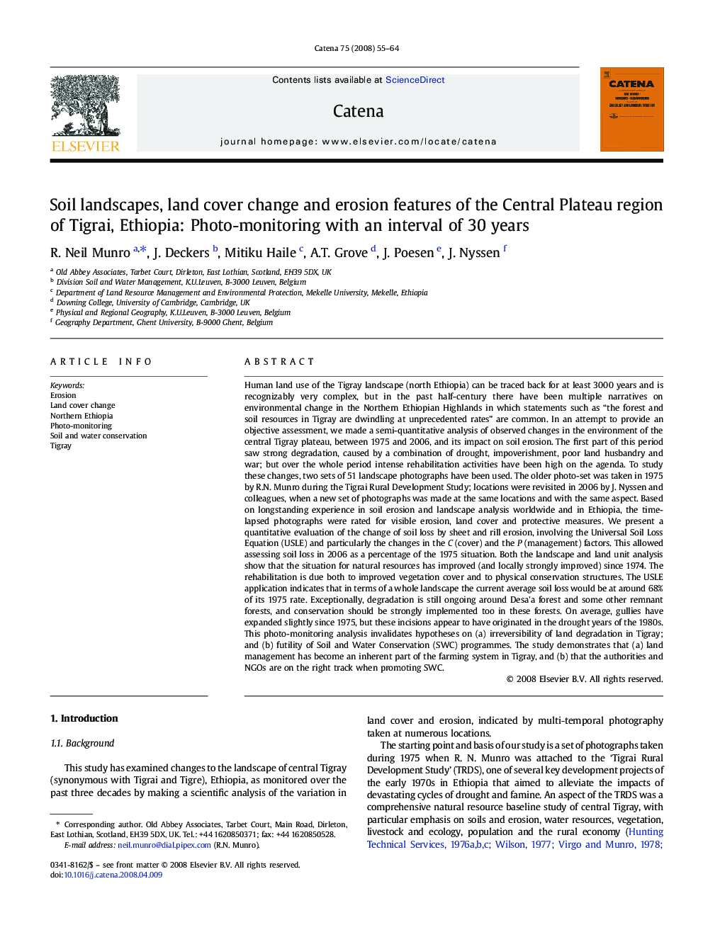 Soil landscapes, land cover change and erosion features of the Central Plateau region of Tigrai, Ethiopia: Photo-monitoring with an interval of 30 years