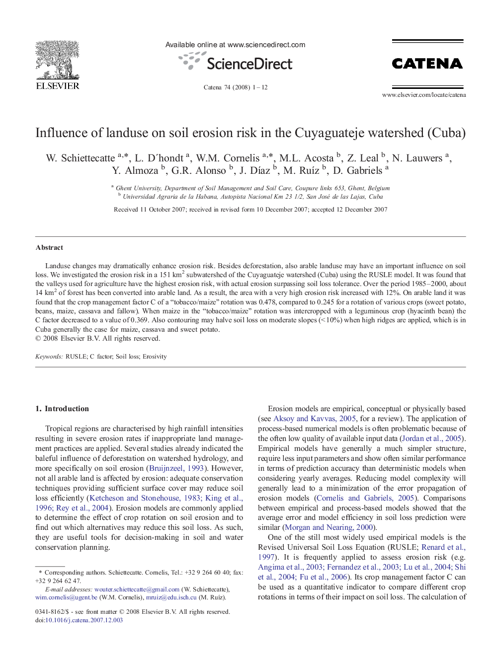 Influence of landuse on soil erosion risk in the Cuyaguateje watershed (Cuba)