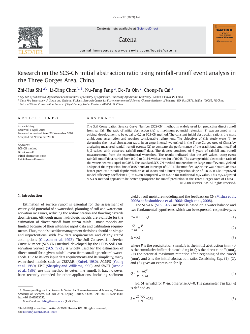 Research on the SCS-CN initial abstraction ratio using rainfall-runoff event analysis in the Three Gorges Area, China