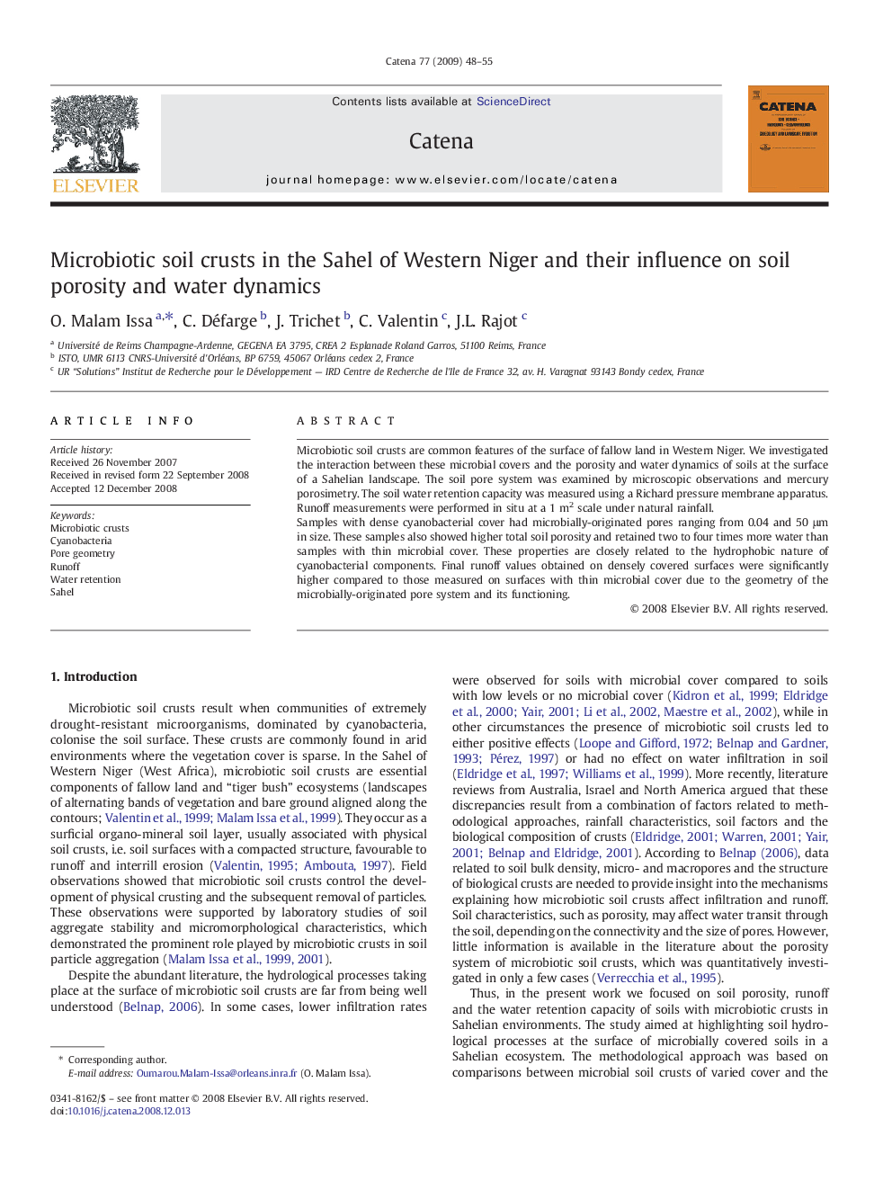 Microbiotic soil crusts in the Sahel of Western Niger and their influence on soil porosity and water dynamics