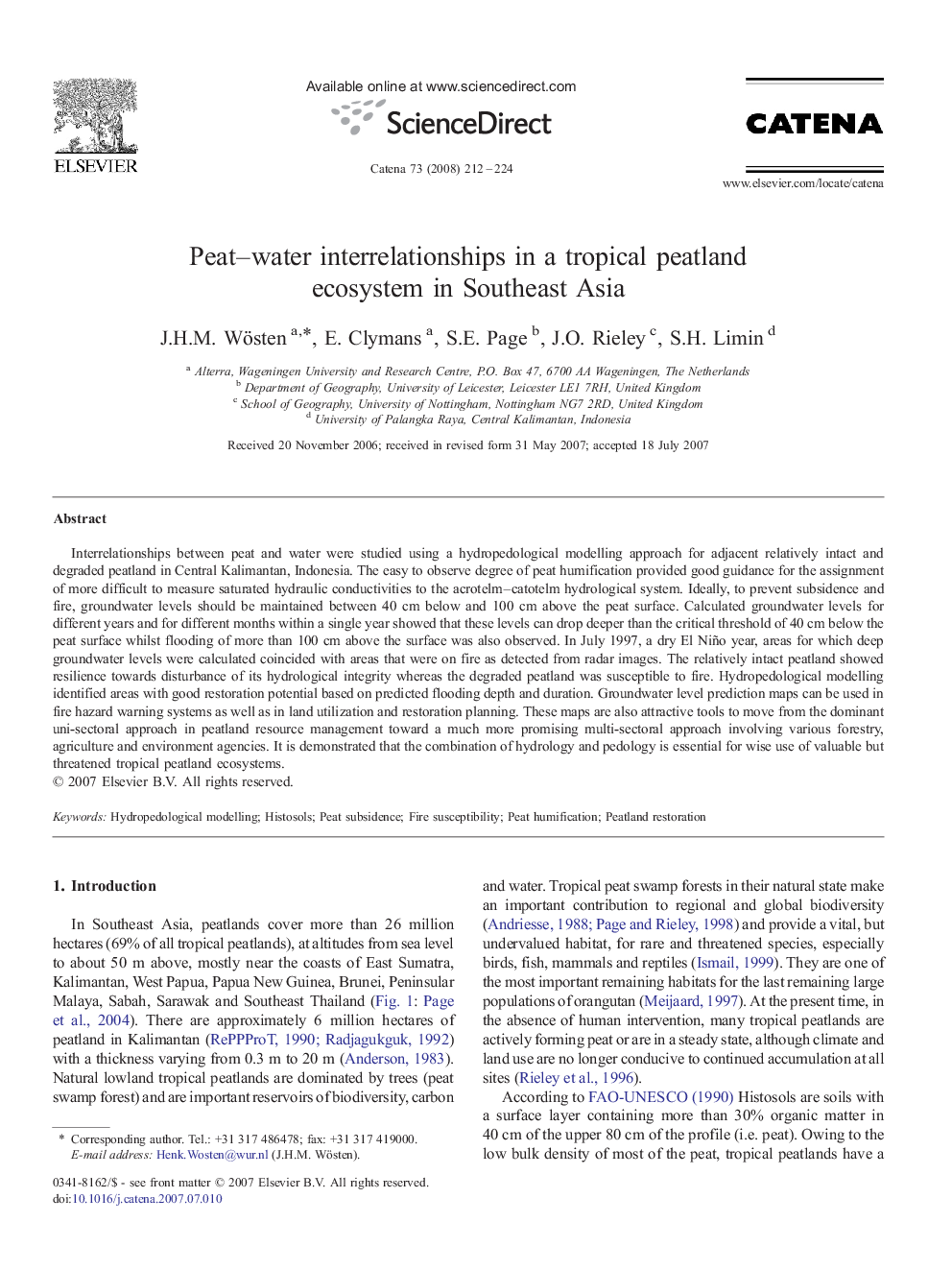 Peat–water interrelationships in a tropical peatland ecosystem in Southeast Asia