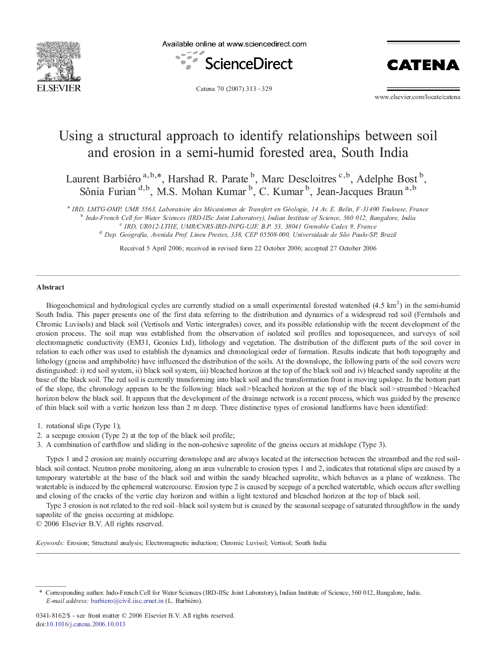 Using a structural approach to identify relationships between soil and erosion in a semi-humid forested area, South India