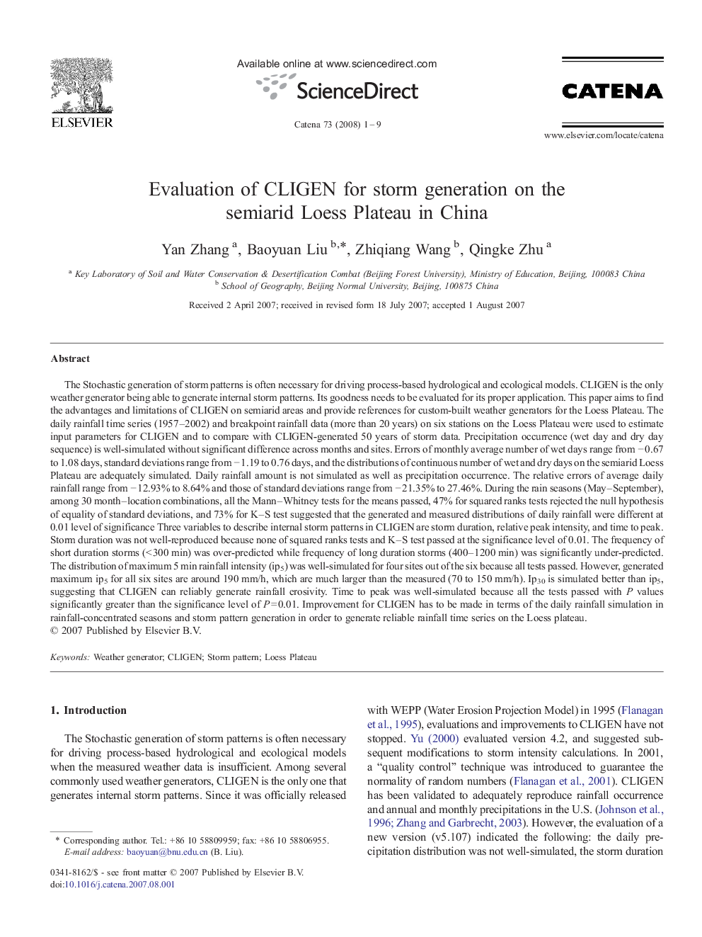 Evaluation of CLIGEN for storm generation on the semiarid Loess Plateau in China