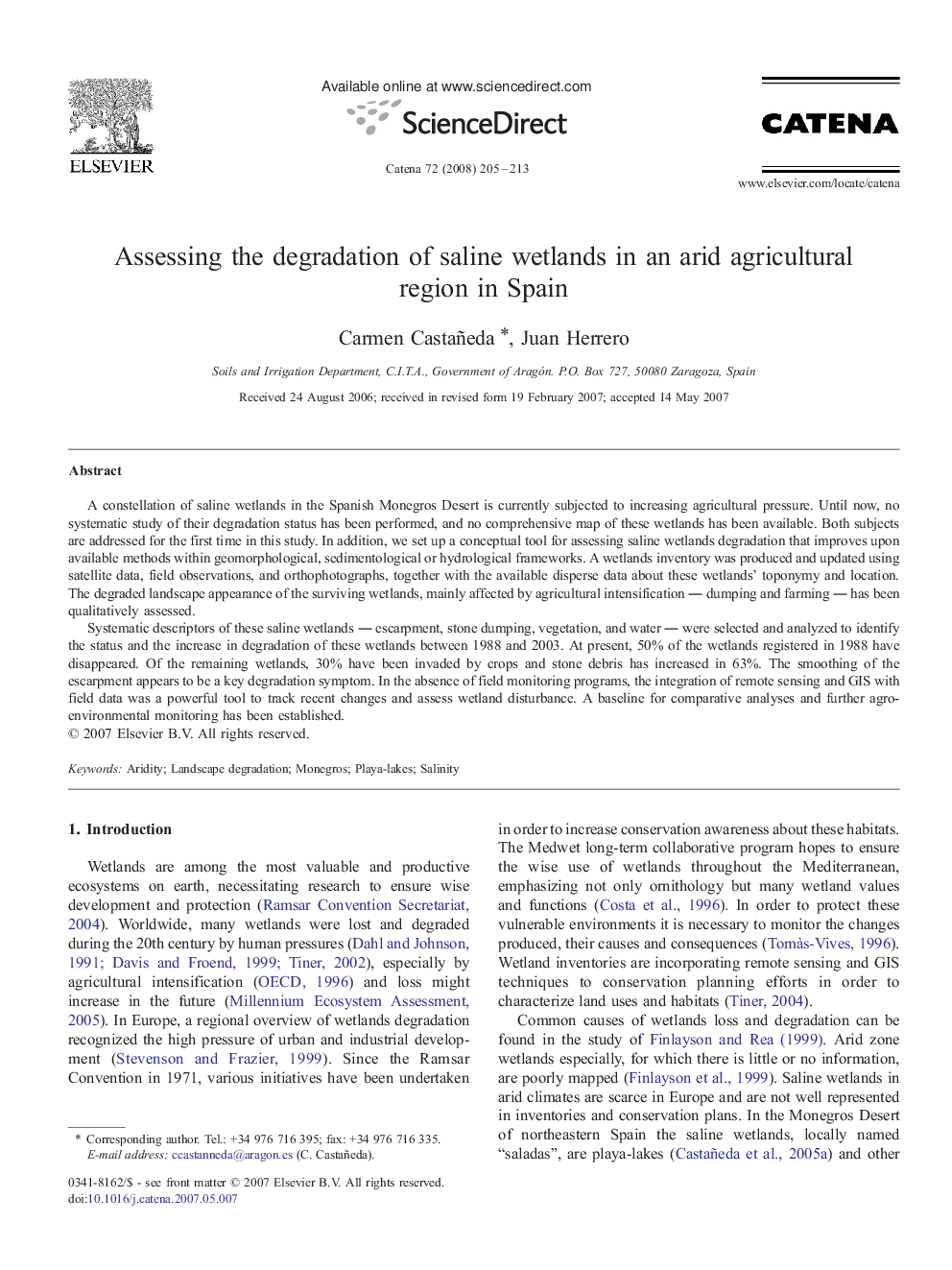 Assessing the degradation of saline wetlands in an arid agricultural region in Spain