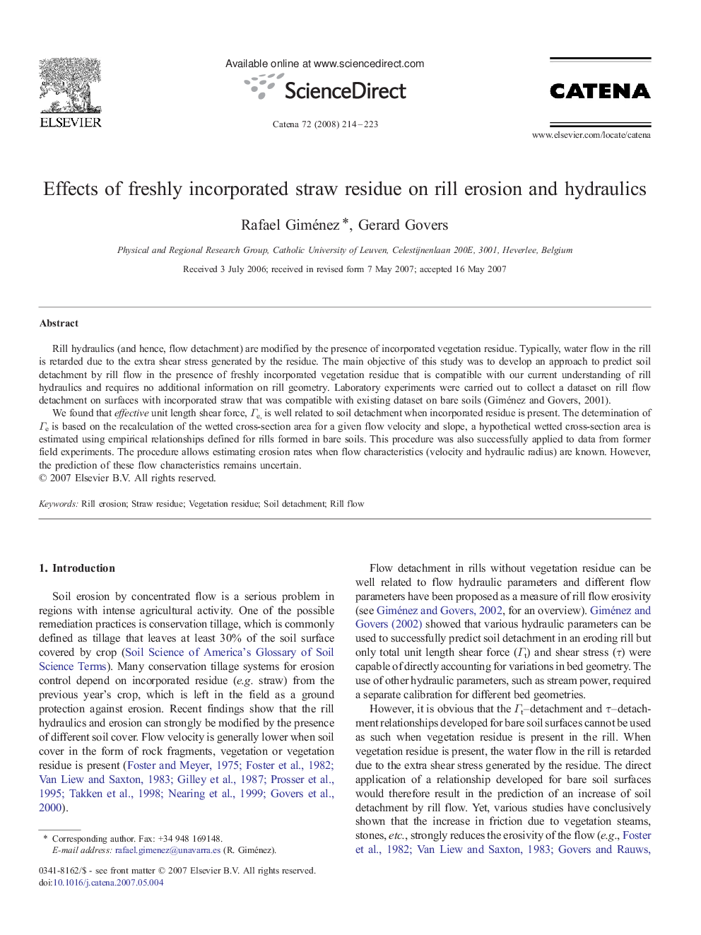 Effects of freshly incorporated straw residue on rill erosion and hydraulics