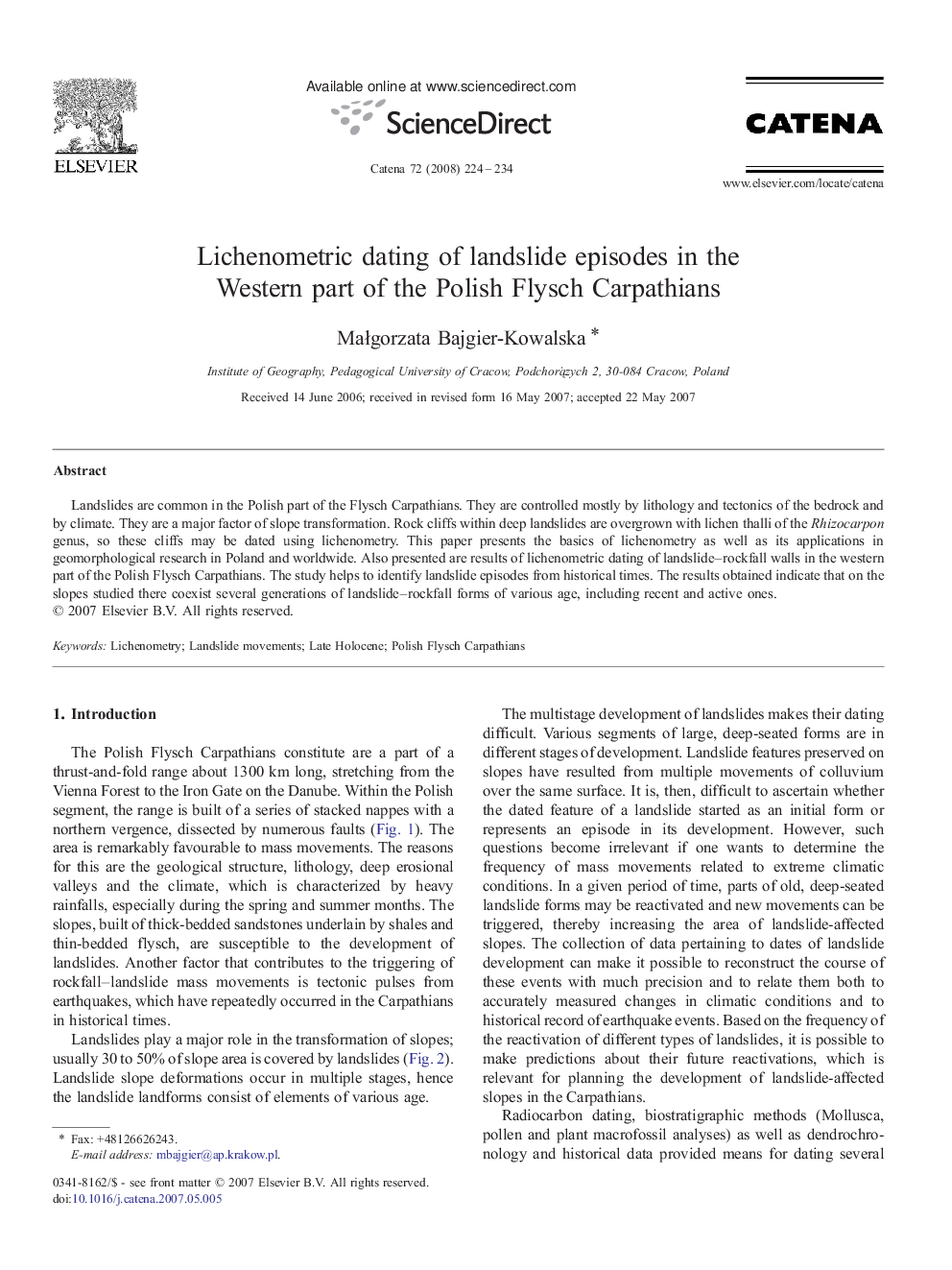 Lichenometric dating of landslide episodes in the Western part of the Polish Flysch Carpathians