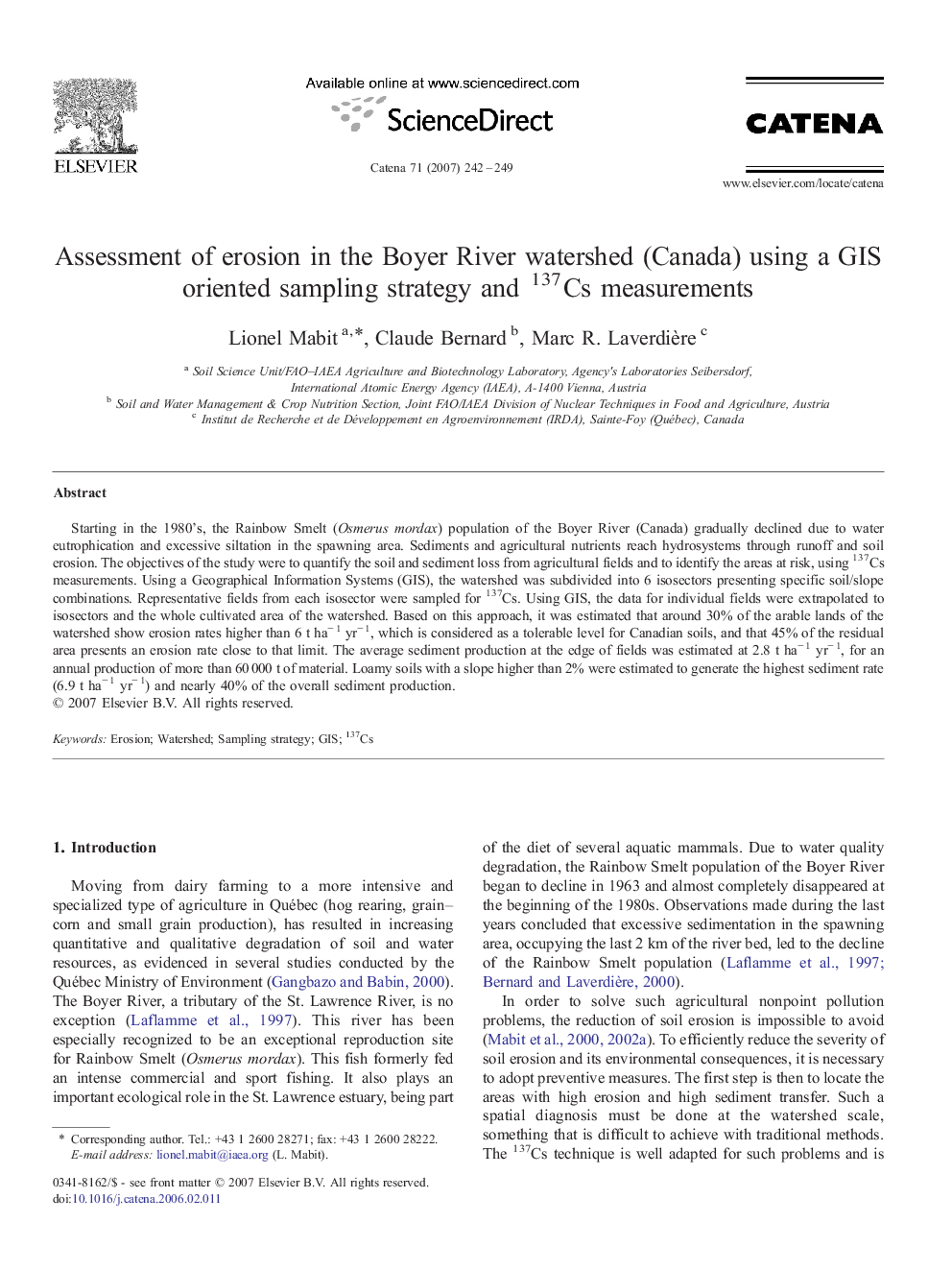 Assessment of erosion in the Boyer River watershed (Canada) using a GIS oriented sampling strategy and 137Cs measurements