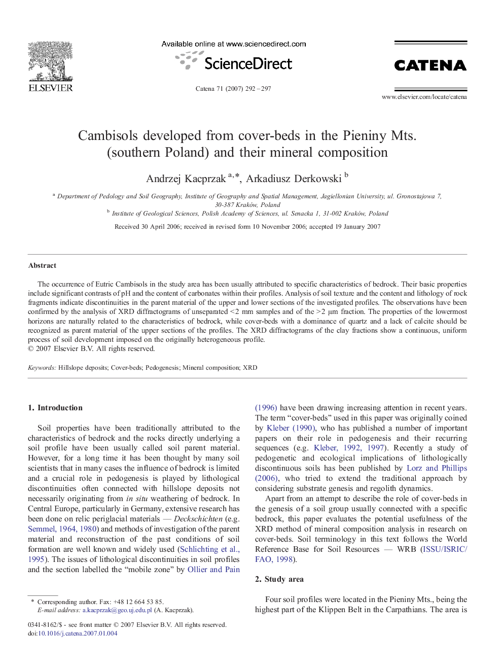 Cambisols developed from cover-beds in the Pieniny Mts. (southern Poland) and their mineral composition