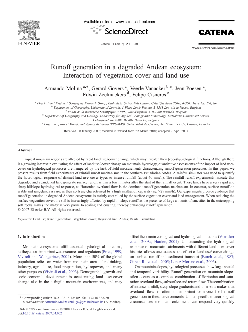 Runoff generation in a degraded Andean ecosystem: Interaction of vegetation cover and land use