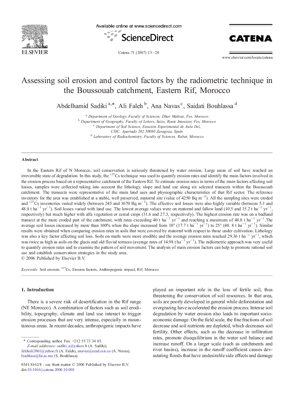 Assessing soil erosion and control factors by the radiometric technique in the Boussouab catchment, Eastern Rif, Morocco