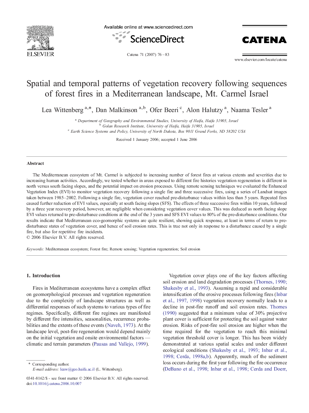 Spatial and temporal patterns of vegetation recovery following sequences of forest fires in a Mediterranean landscape, Mt. Carmel Israel