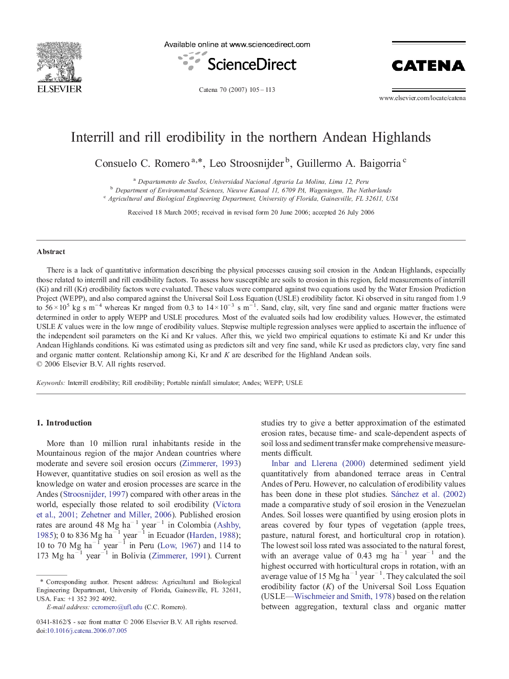 Interrill and rill erodibility in the northern Andean Highlands