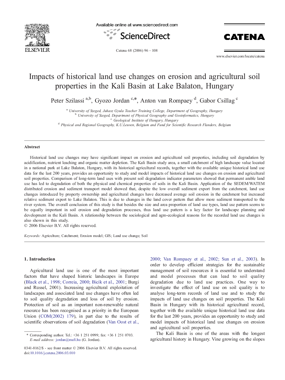 Impacts of historical land use changes on erosion and agricultural soil properties in the Kali Basin at Lake Balaton, Hungary