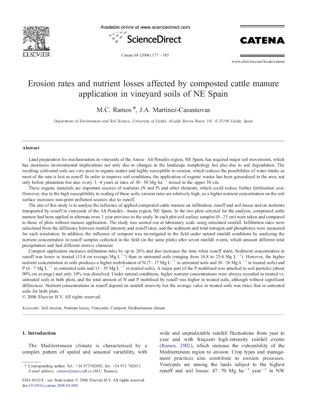 Erosion rates and nutrient losses affected by composted cattle manure application in vineyard soils of NE Spain