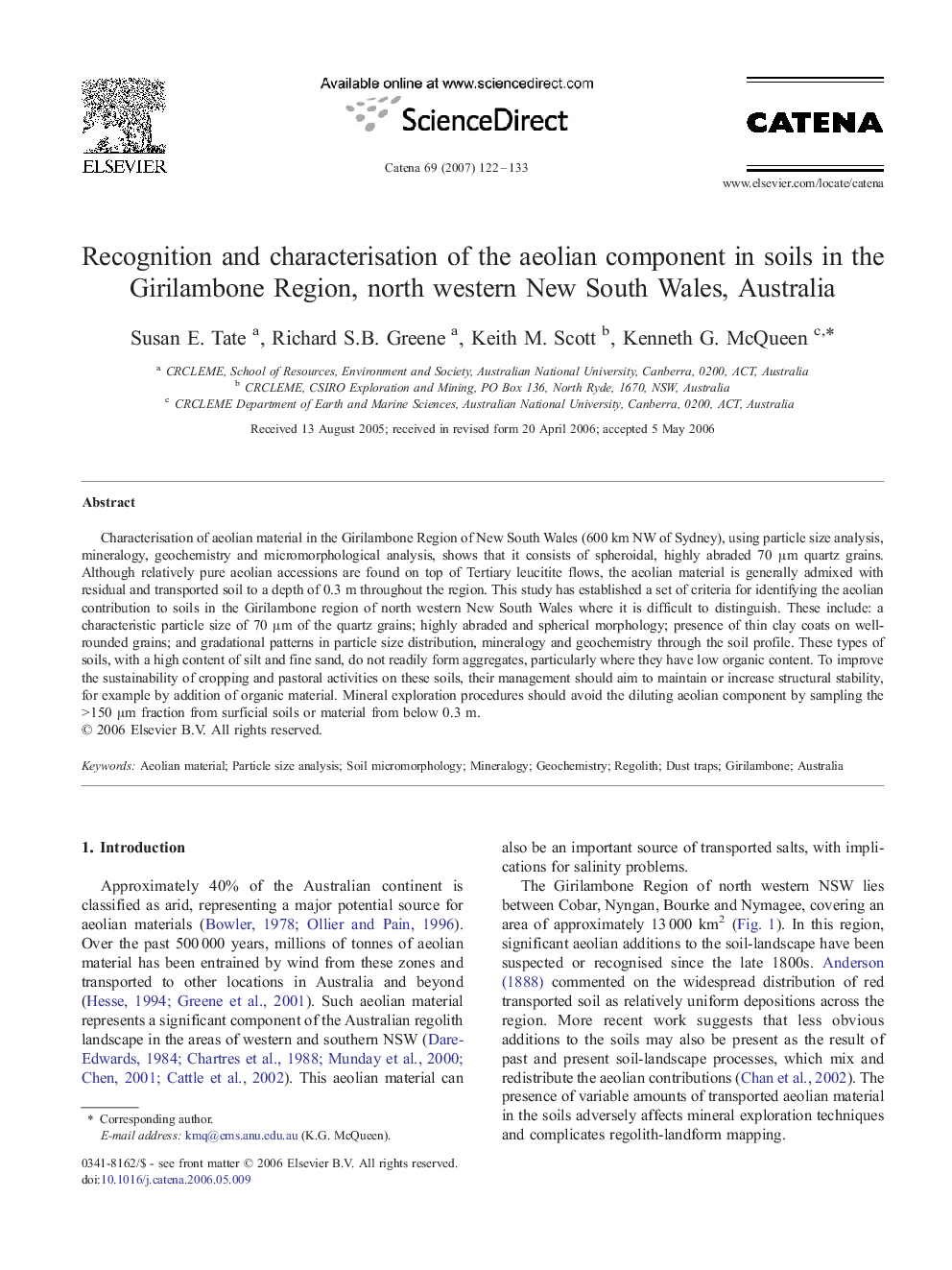 Recognition and characterisation of the aeolian component in soils in the Girilambone Region, north western New South Wales, Australia