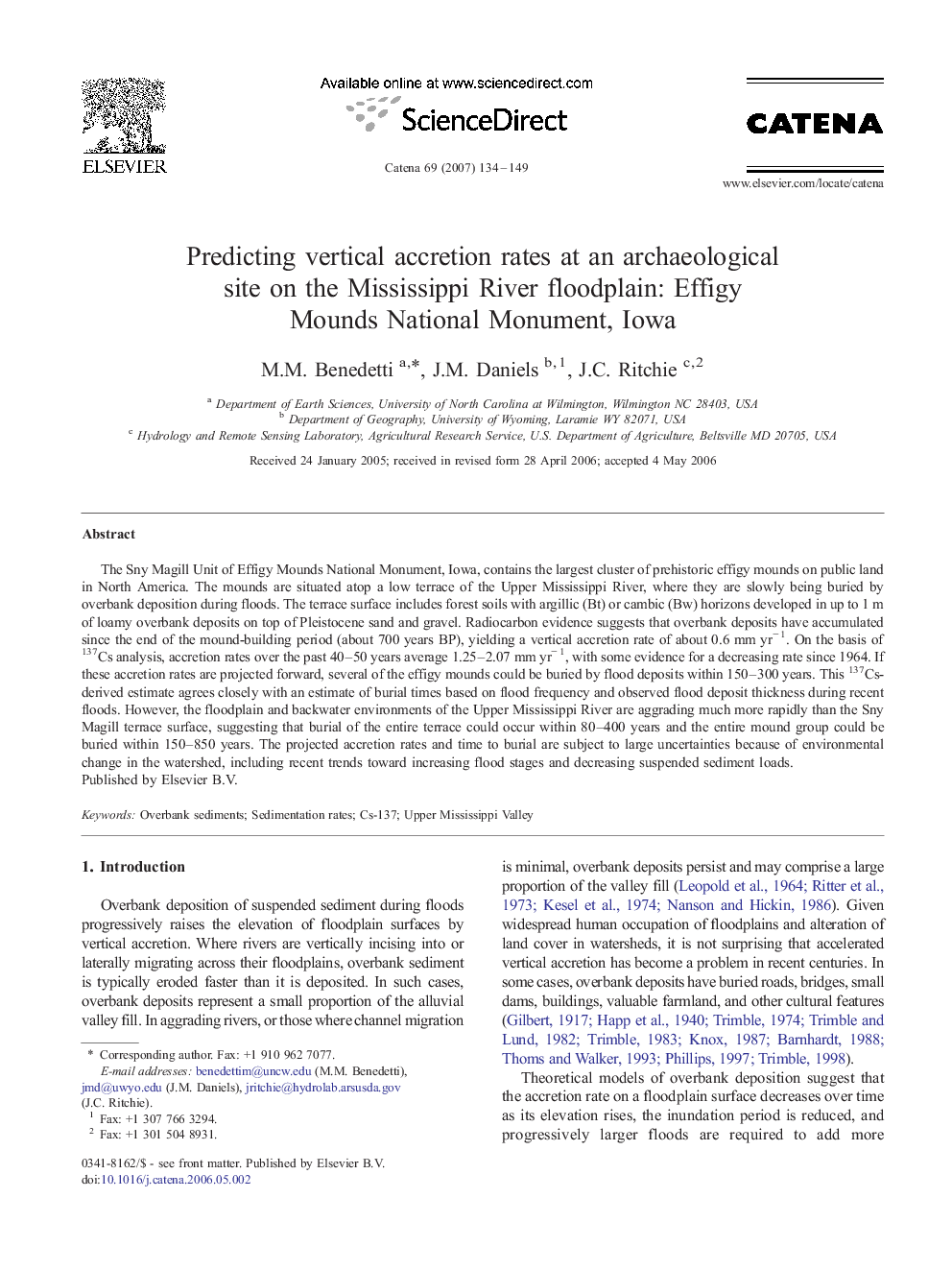 Predicting vertical accretion rates at an archaeological site on the Mississippi River floodplain: Effigy Mounds National Monument, Iowa