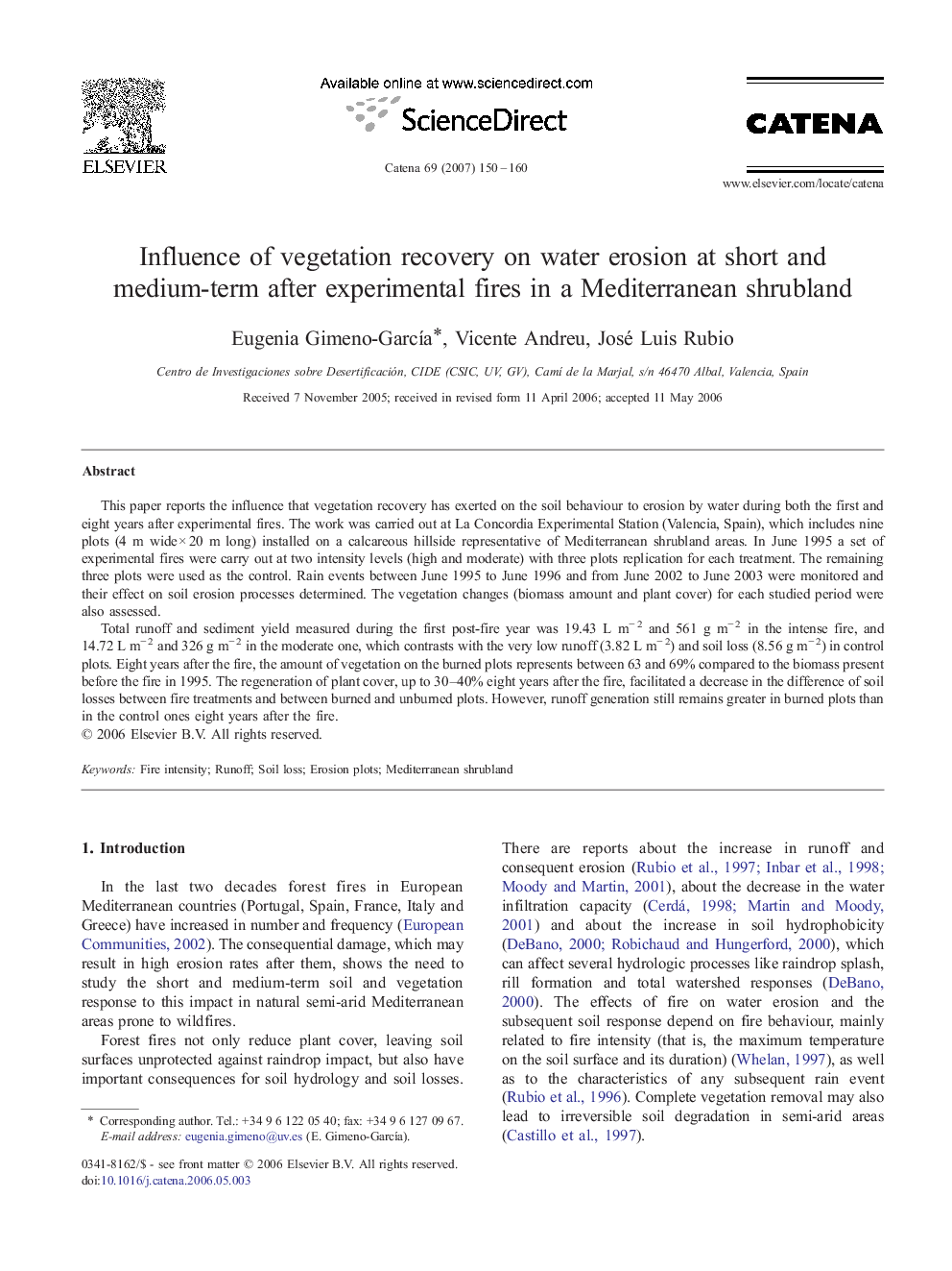 Influence of vegetation recovery on water erosion at short and medium-term after experimental fires in a Mediterranean shrubland