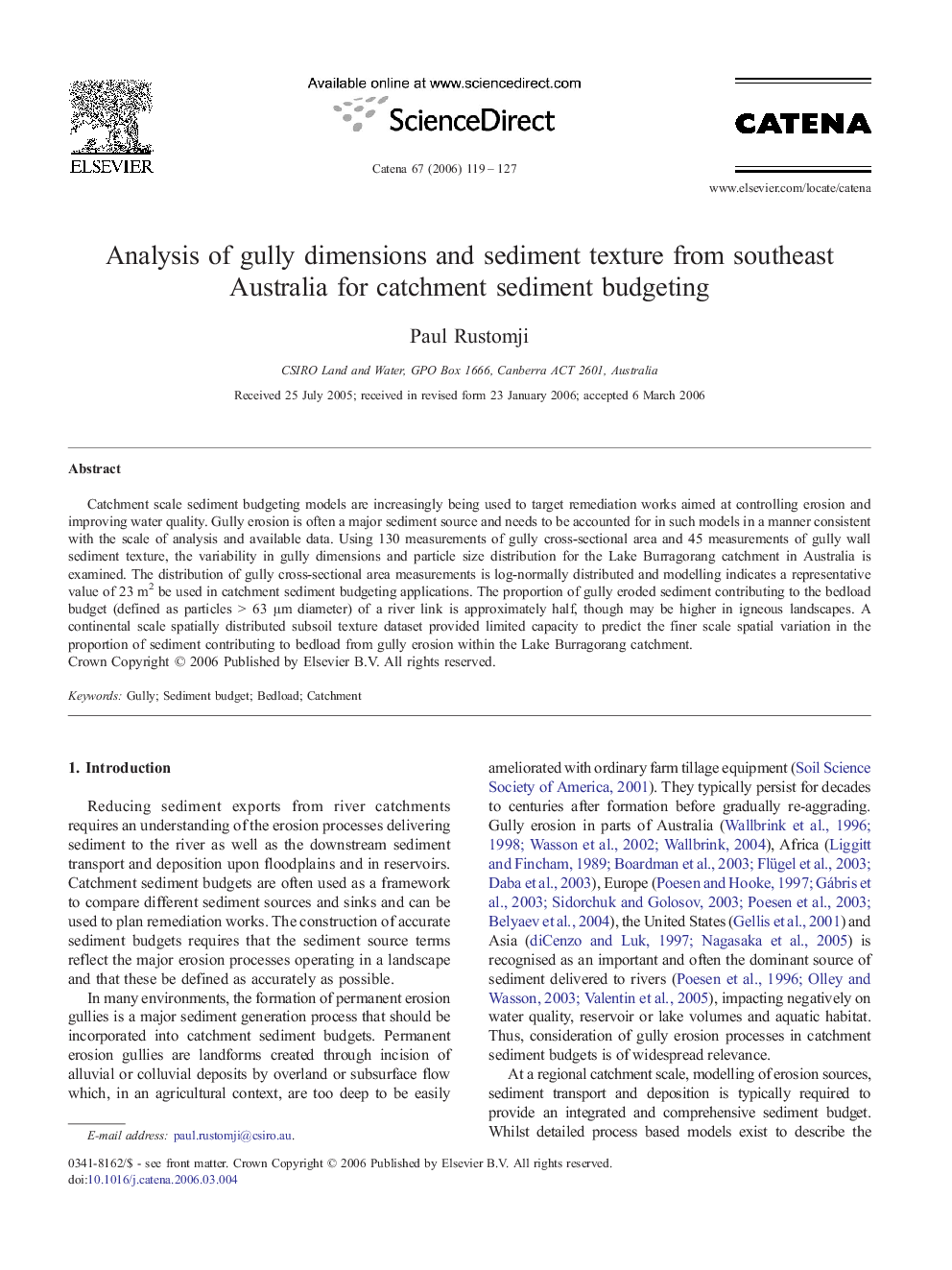 Analysis of gully dimensions and sediment texture from southeast Australia for catchment sediment budgeting