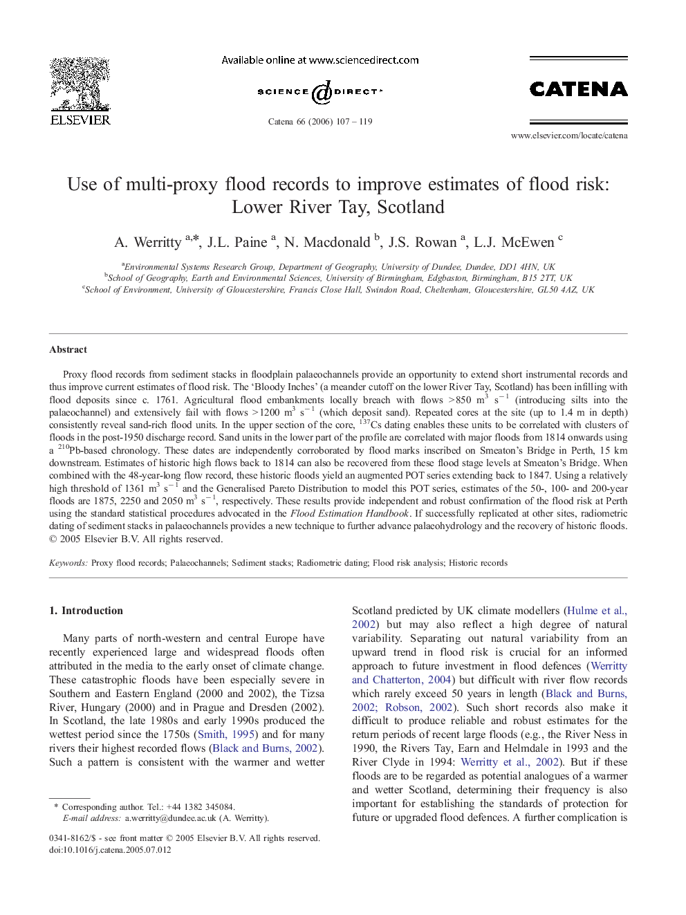 Use of multi-proxy flood records to improve estimates of flood risk: Lower River Tay, Scotland