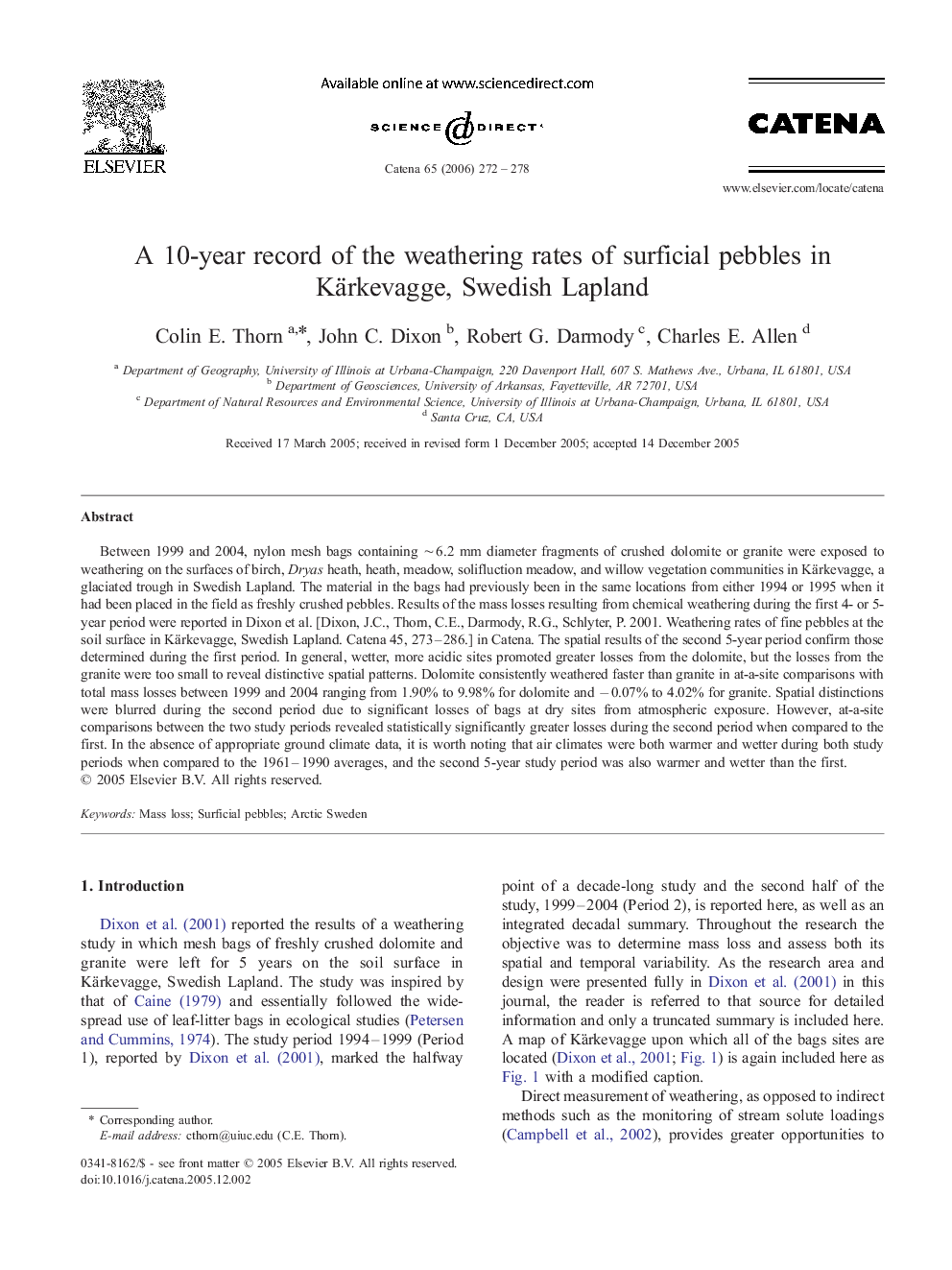 A 10-year record of the weathering rates of surficial pebbles in Kärkevagge, Swedish Lapland