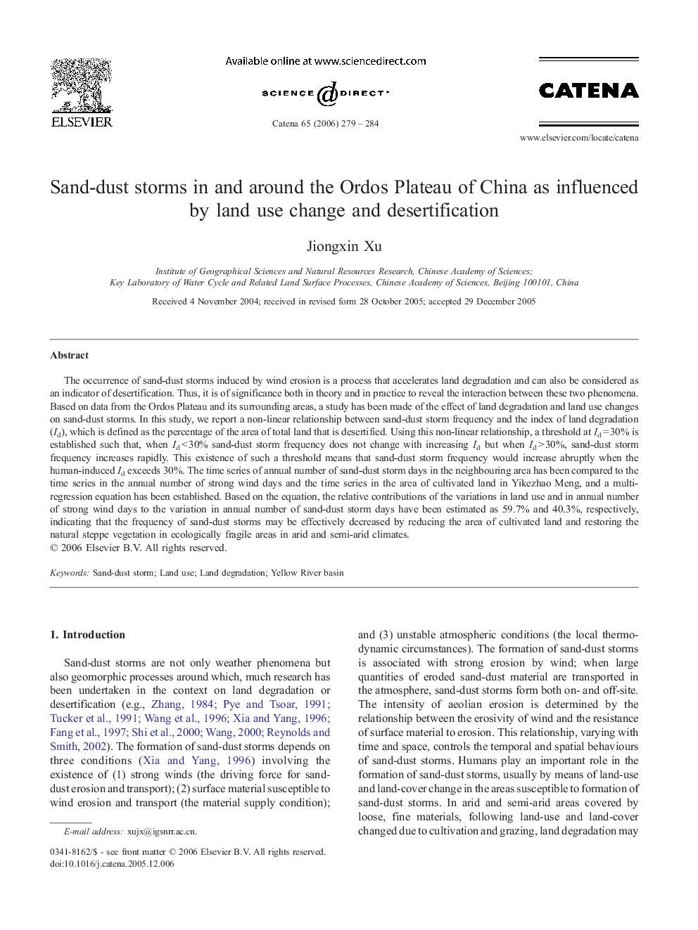 Sand-dust storms in and around the Ordos Plateau of China as influenced by land use change and desertification