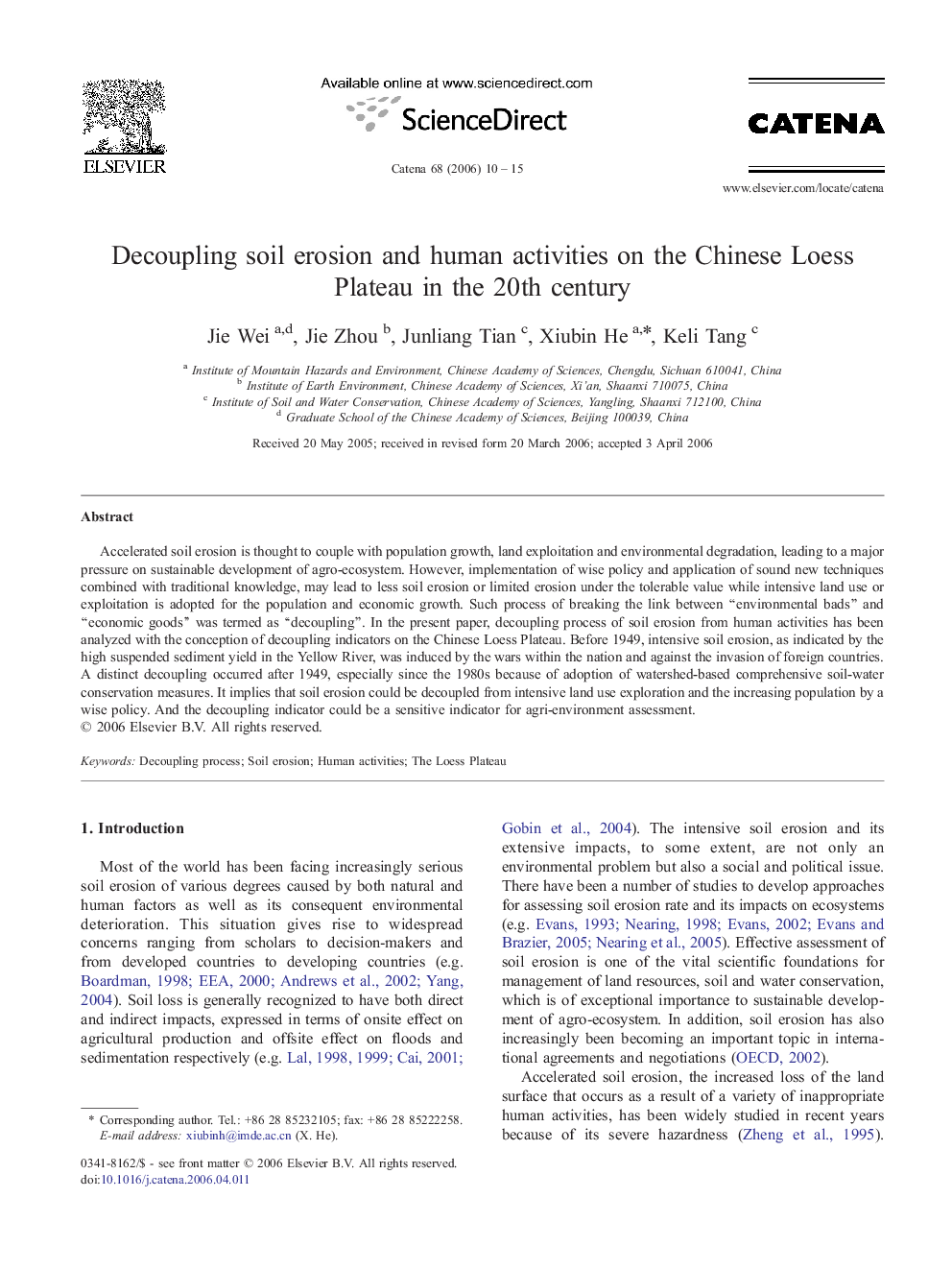 Decoupling soil erosion and human activities on the Chinese Loess Plateau in the 20th century