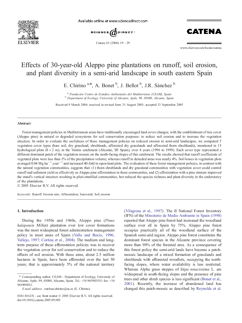 Effects of 30-year-old Aleppo pine plantations on runoff, soil erosion, and plant diversity in a semi-arid landscape in south eastern Spain